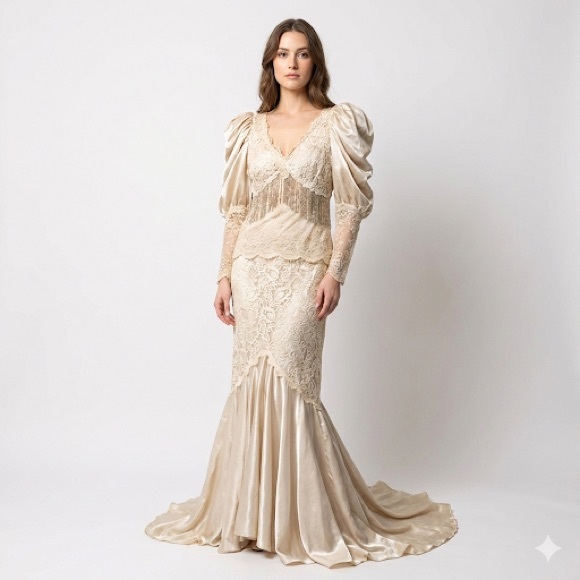 Lorrie Kabala vintage lace gown puff sleeve mermaid ivory size 10 - Picture 1 of 16